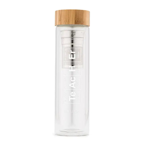 Personalized Glass Tea Infuser Travel Mug - Periodic Table Teacher Print