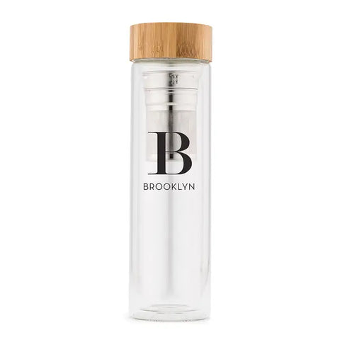 Personalized Glass Tea Infuser Travel Mug - Modern Serif Monogram Print