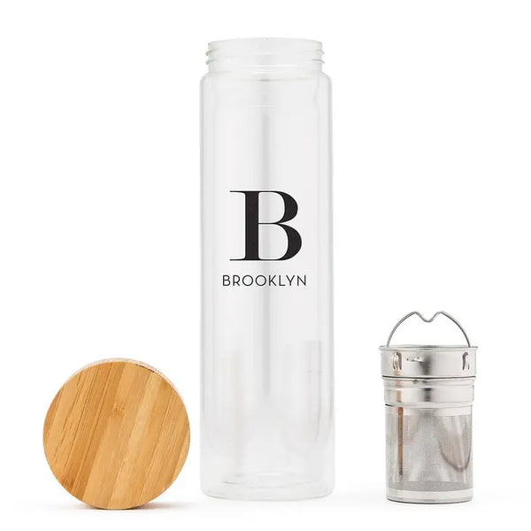 Personalized Glass Tea Infuser Travel Mug - Modern Serif Monogram Print