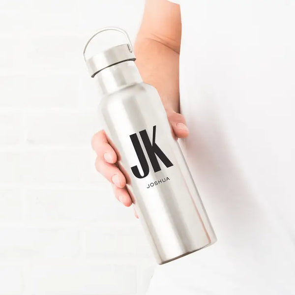 Personalized Chrome Stainless Steel Reusable Water Bottle - Sans Serif Monogram Print