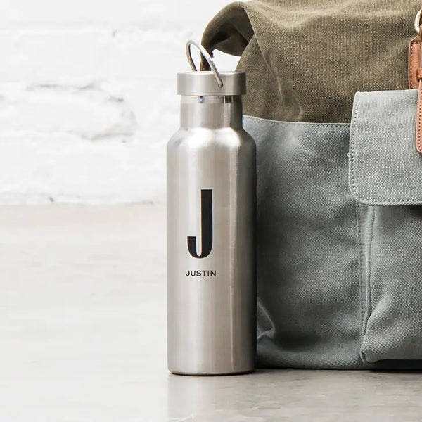 Personalized Chrome Stainless Steel Reusable Water Bottle - Sans Serif Monogram Print