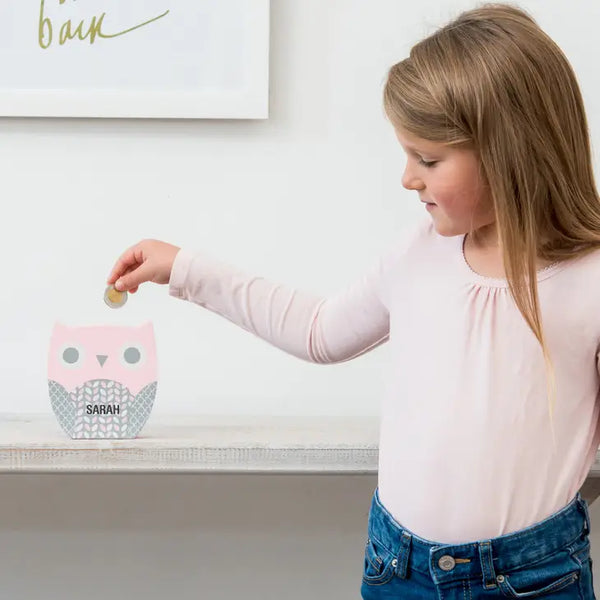 Personalized Wooden Piggy Bank For Kids- Pink Owl