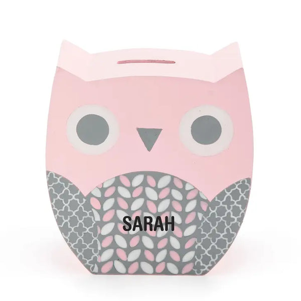 Personalized Wooden Piggy Bank For Kids- Pink Owl