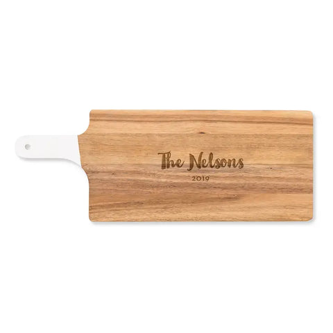 Personalized Wooden Cutting & Serving Board With White Handle - Retro Script