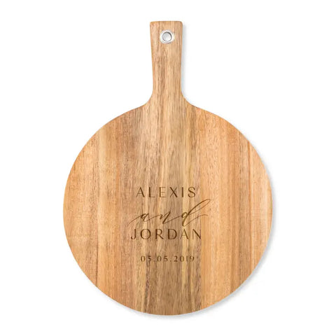 Personalized Wooden Round Cutting & Serving Board With Handle - Modern Couple