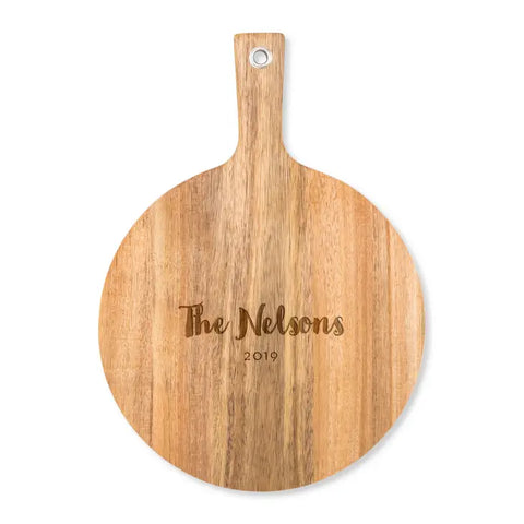 Personalized Wooden Round Cutting & Serving Board With Handle - Retro Script