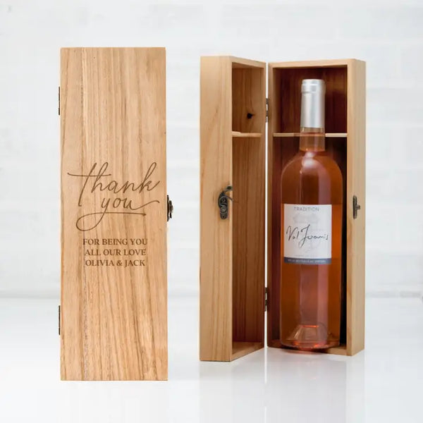 Custom Engraved Wooden Wine Gift Box With Lid - Thank You Script