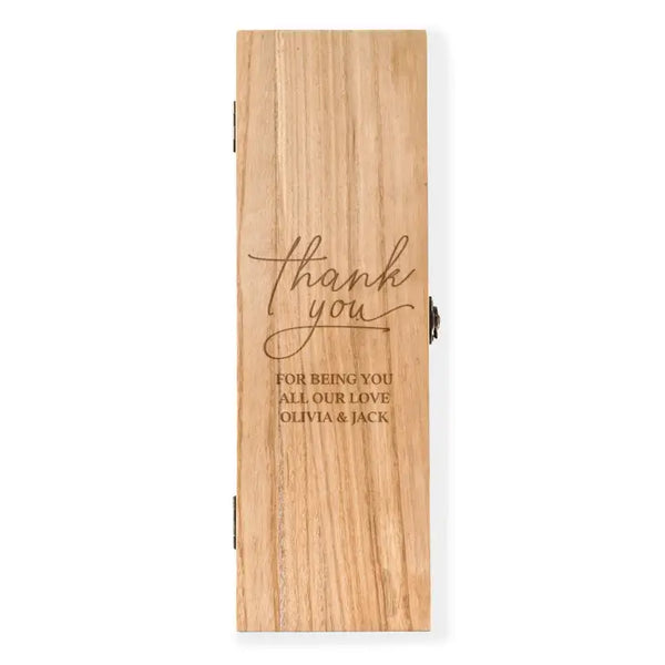 Custom Engraved Wooden Wine Gift Box With Lid - Thank You Script