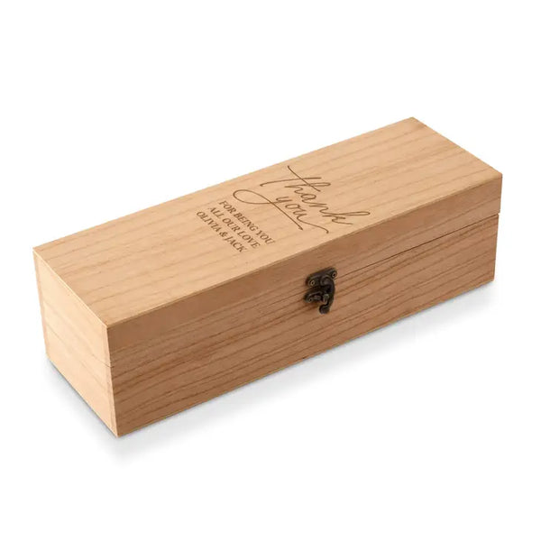 Custom Engraved Wooden Wine Gift Box With Lid - Thank You Script