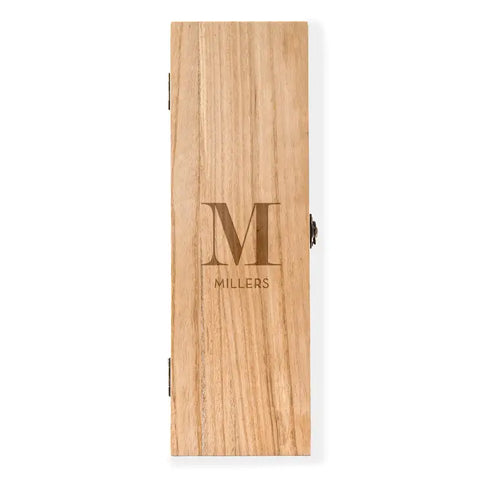 Custom Engraved Wooden Wine Gift Box With Lid - Modern Serif Monogram