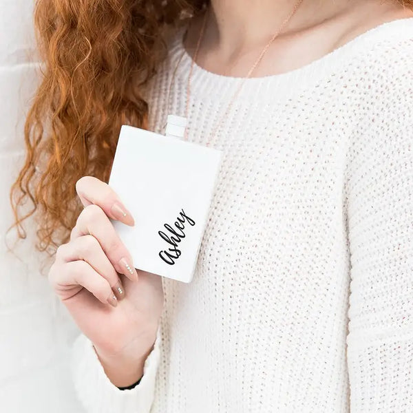 Personalized White Stainless Steel Flask - Vertical Calligraphy Text