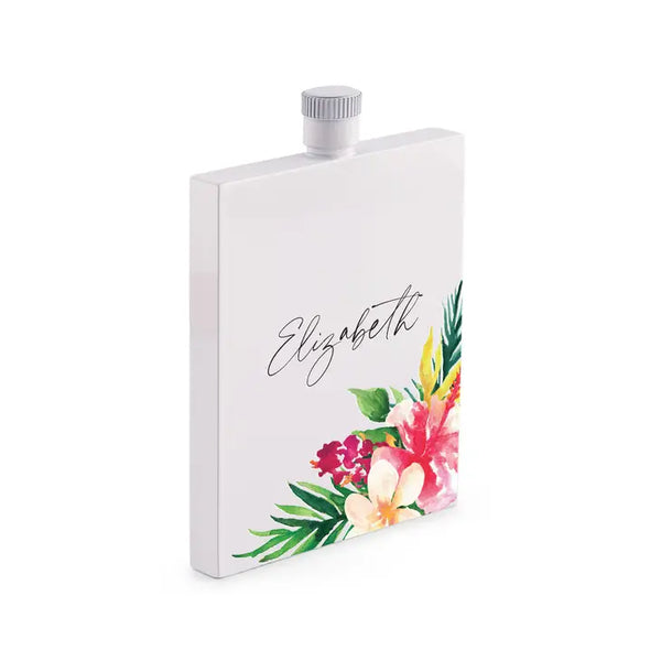 Personalized White Stainless Steel 3 Oz. Hip Flask - Tropical Floral