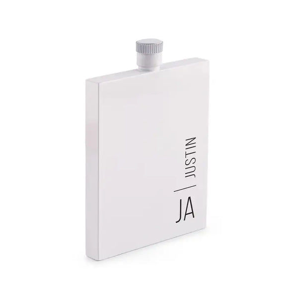 Personalized White Stainless Steel Hip Flask - Vertical Monogram Print