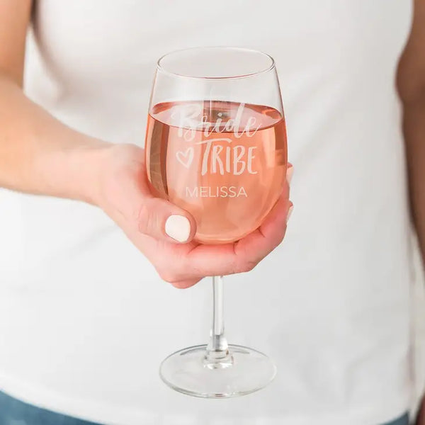 Large Personalized 12 Oz. Stemmed Wine Glass - Bride Tribe