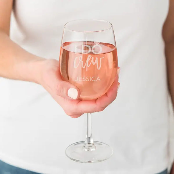 Large Personalized Stemmed Wine Glass - I Do Crew Engraving