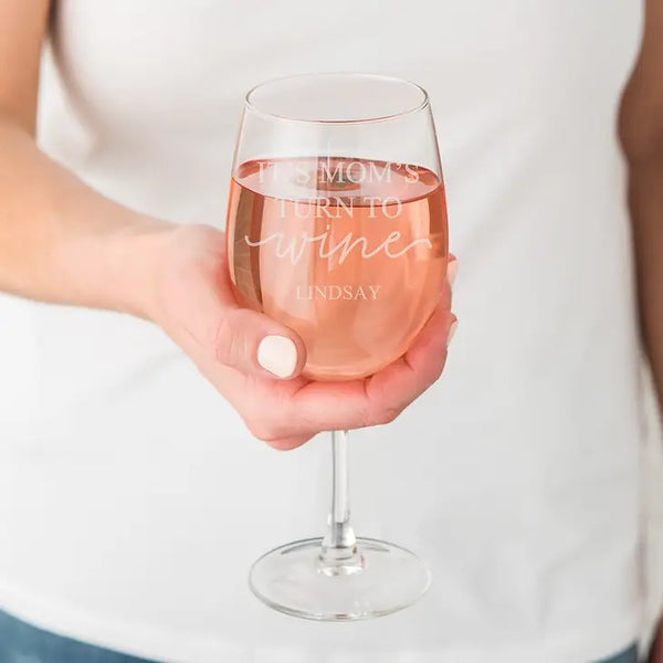 Large Personalized 12 Oz. Stemmed Wine Glass - It's Mom's Turn To Wine