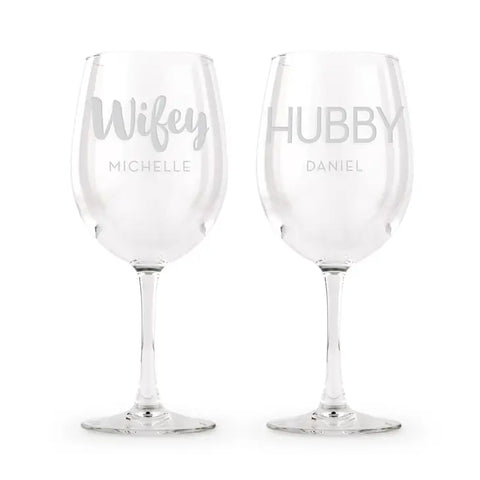 Large Personalized 12 Oz. Stemmed Wine Glasses - Wifey And Hubby - Set of 2