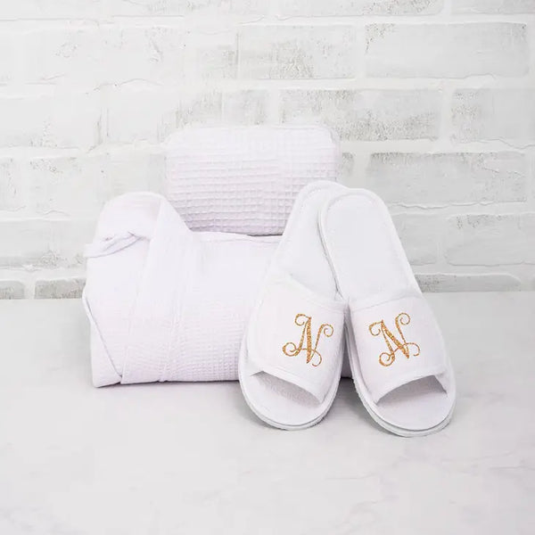 Women's Personalized Cotton Waffle Spa Slippers - Script Initial