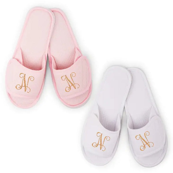 Women's Personalized Cotton Waffle Spa Slippers - Script Initial