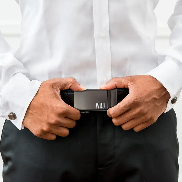 Men's Black Leather Belt - Monogrammed Black Buckle