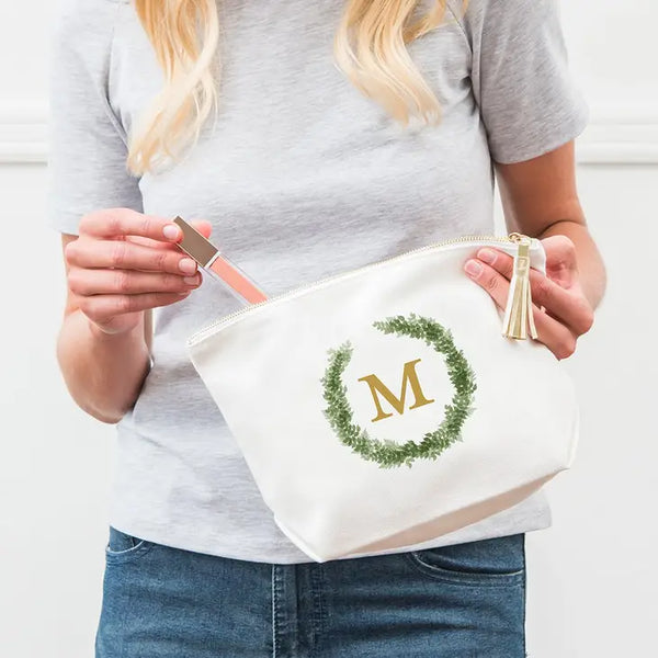 Large Personalized Canvas Makeup And Toiletry Bag For Women - Love Wreath Monogram