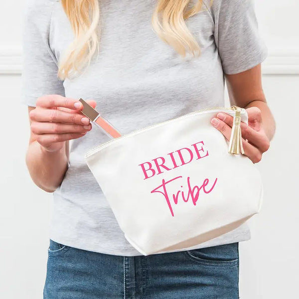 Large Personalized Canvas Makeup Bag - Bride Tribe Script