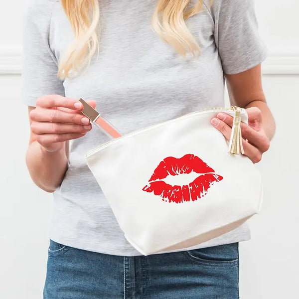 Large Personalized Canvas Makeup Bag - Red Lips