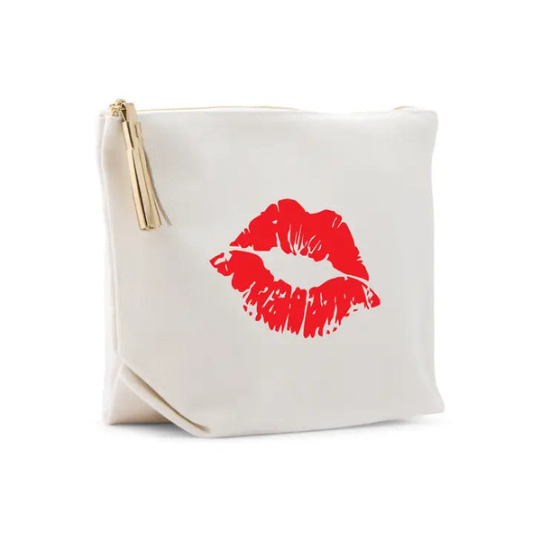 Large Personalized Canvas Makeup Bag - Red Lips