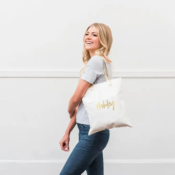 Personalized Cotton Canvas Fabric Tote Bag With Gold Strap - Script Font