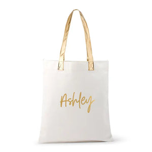 Personalized Cotton Canvas Fabric Tote Bag With Gold Strap - Script Font