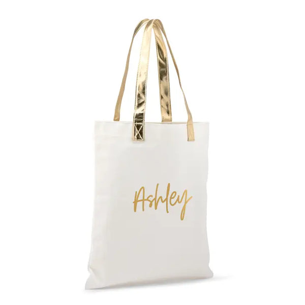 Personalized Cotton Canvas Fabric Tote Bag With Gold Strap - Script Font