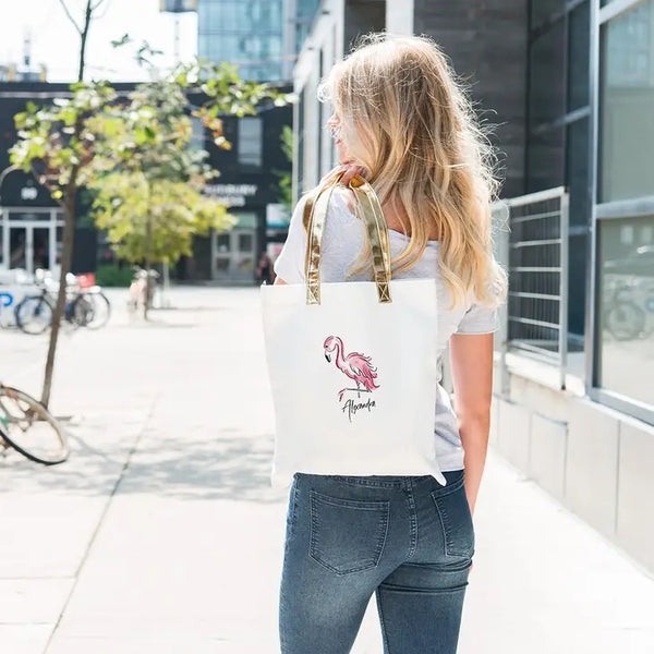 Personalized Cotton Canvas Fabric Tote Bag With Gold Strap - Flamingo