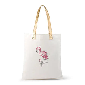 Personalized Cotton Canvas Fabric Tote Bag With Gold Strap - Flamingo