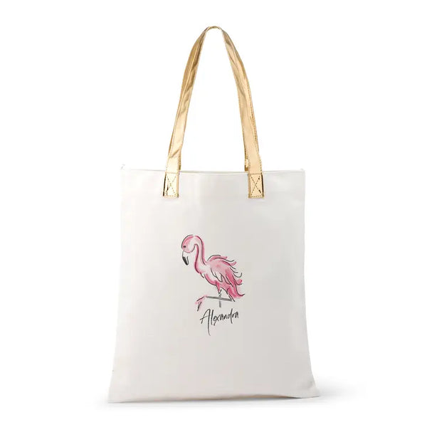 Personalized Cotton Canvas Fabric Tote Bag With Gold Strap - Flamingo