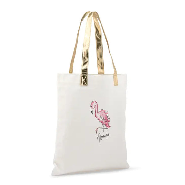 Personalized Cotton Canvas Fabric Tote Bag With Gold Strap - Flamingo