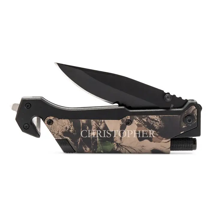 Personalized Camouflage Pocket Knife With Light - Serif Font