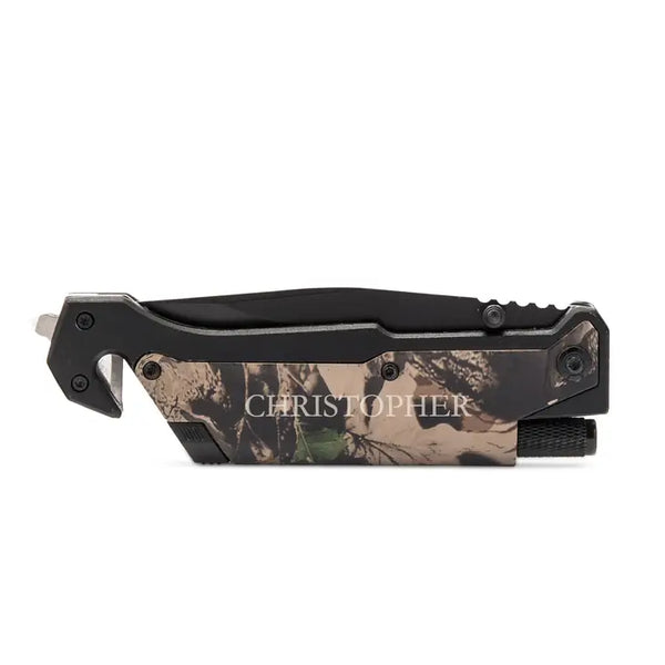 Personalized Camouflage Pocket Knife With Light - Serif Font