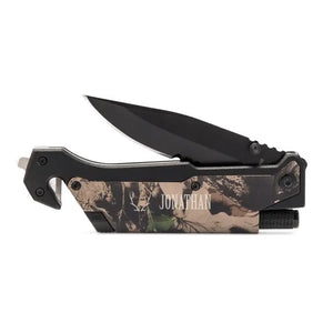 Personalized Camouflage Pocket Knife With Light - Antler Motif