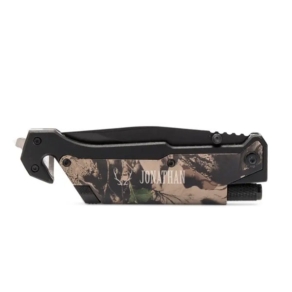 Personalized Camouflage Pocket Knife With Light - Antler Motif