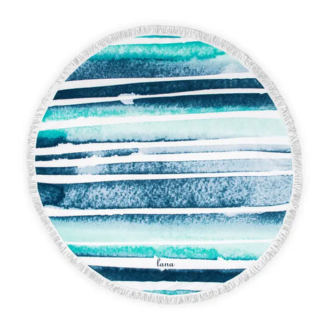 Personalized Round Beach Towel - Blue And White Striped Pattern