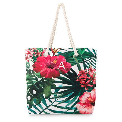 Personalized Extra-Large Cotton Canvas Fabric Beach Tote Bag - Tropical Hibiscus