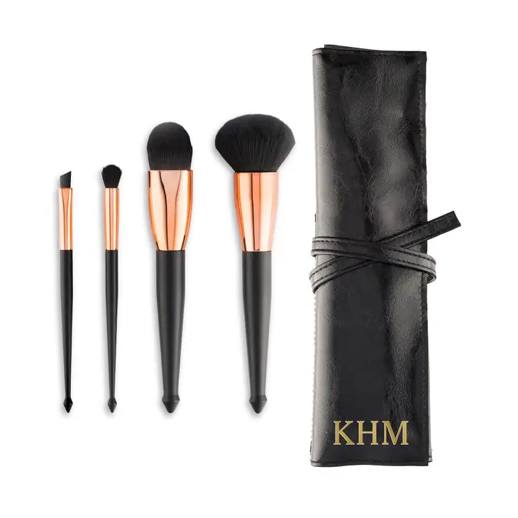 Personalized Makeup Brush Set & Travel Pouch - Black & Rose Gold