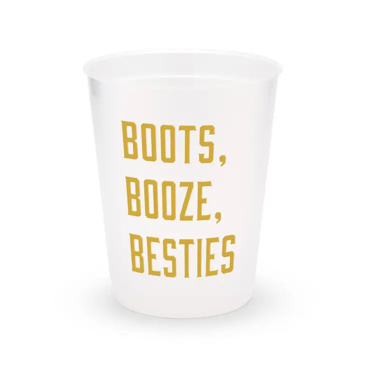 Personalized Frosted Plastic Party Cups - Boots, Booze, Besties - Set Of 8