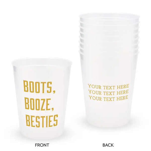 Personalized Frosted Plastic Party Cups - Boots, Booze, Besties - Set Of 8