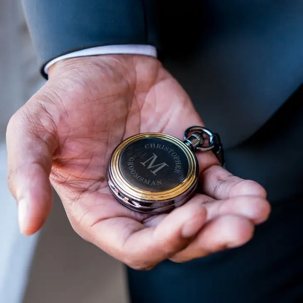 Personalized Gold Frame Gunmetal Pocket Watch & Fob - Wrap Text Monogram