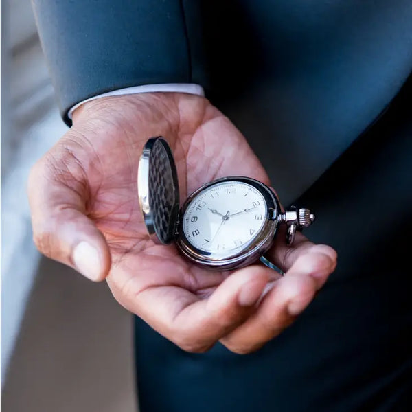 Personalized Gold Frame Gunmetal Pocket Watch & Fob - Wrap Text Monogram