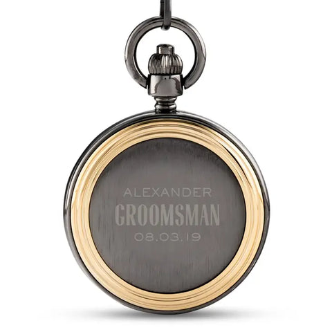 Personalized Gold Frame Gunmetal Pocket Watch & Fob - Modern Groomsman