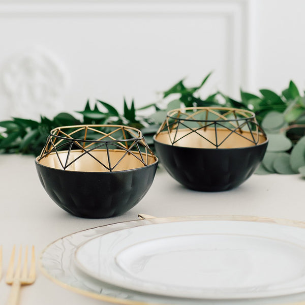 Short Round Geo Metal Candle Holder - Black With Gold Interior