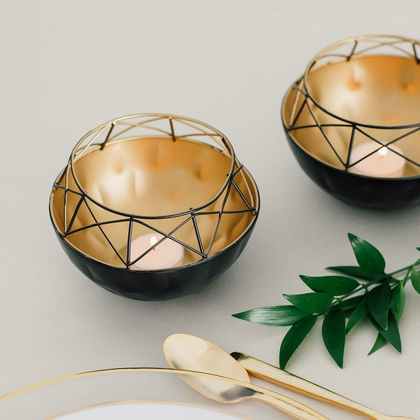 Short Round Geo Metal Candle Holder - Black With Gold Interior