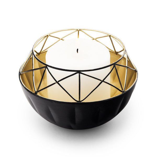 Short Round Geo Metal Candle Holder - Black With Gold Interior